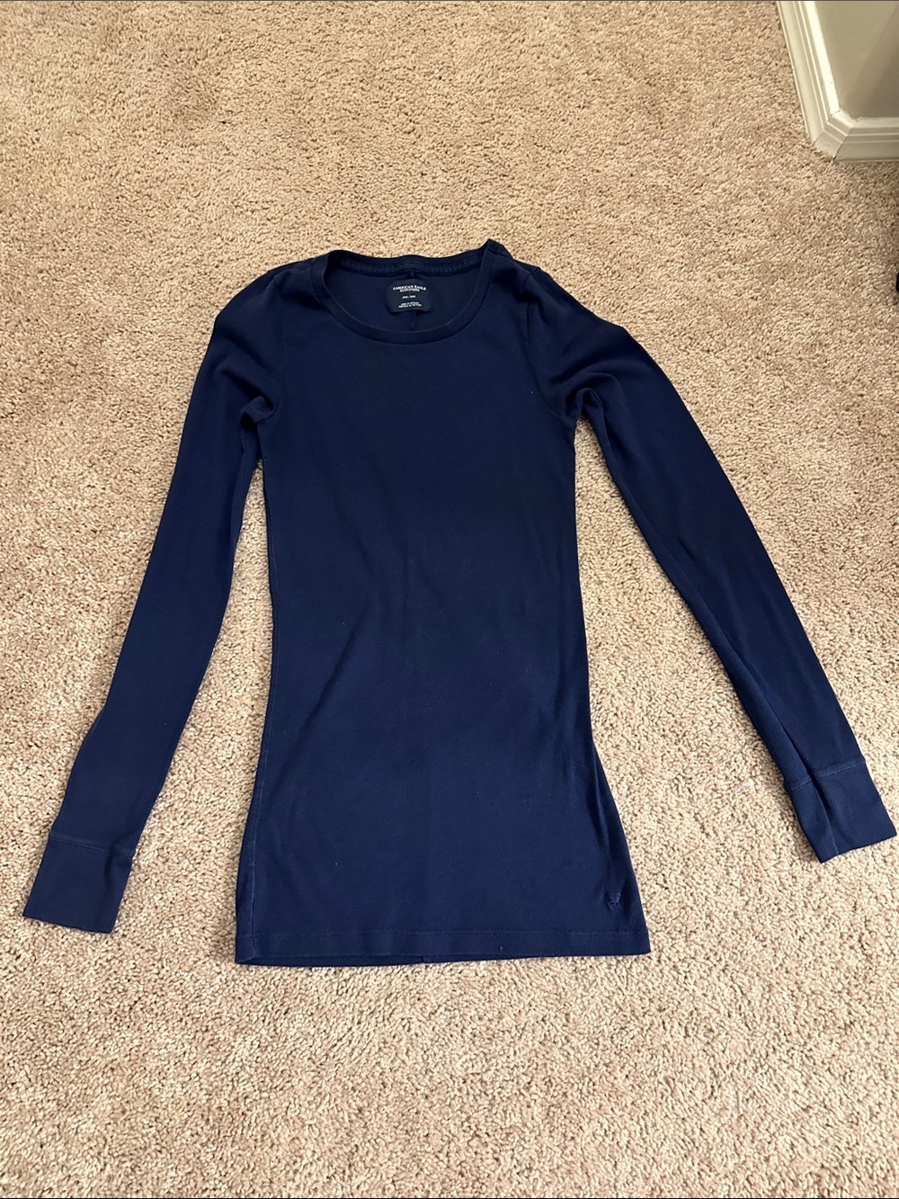 American Eagle Outfitters Navy and Purple Strip Long Sleeve Crewneck Top
